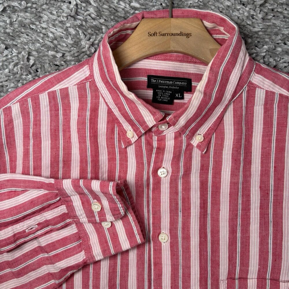 J. Peterman Linen Shirt Mens XL Long Sleeve Stripes Preppy Beach Summer Business